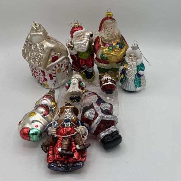 Vintage Hand Blown Glass Christmas Ornaments Lot Santa Clause Gingerbread House - Picture 1 of 15